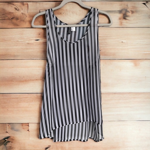 H&M Divided Sheer Black & White Striped Hi-lo Tank | Size 12 - Picture 1 of 5